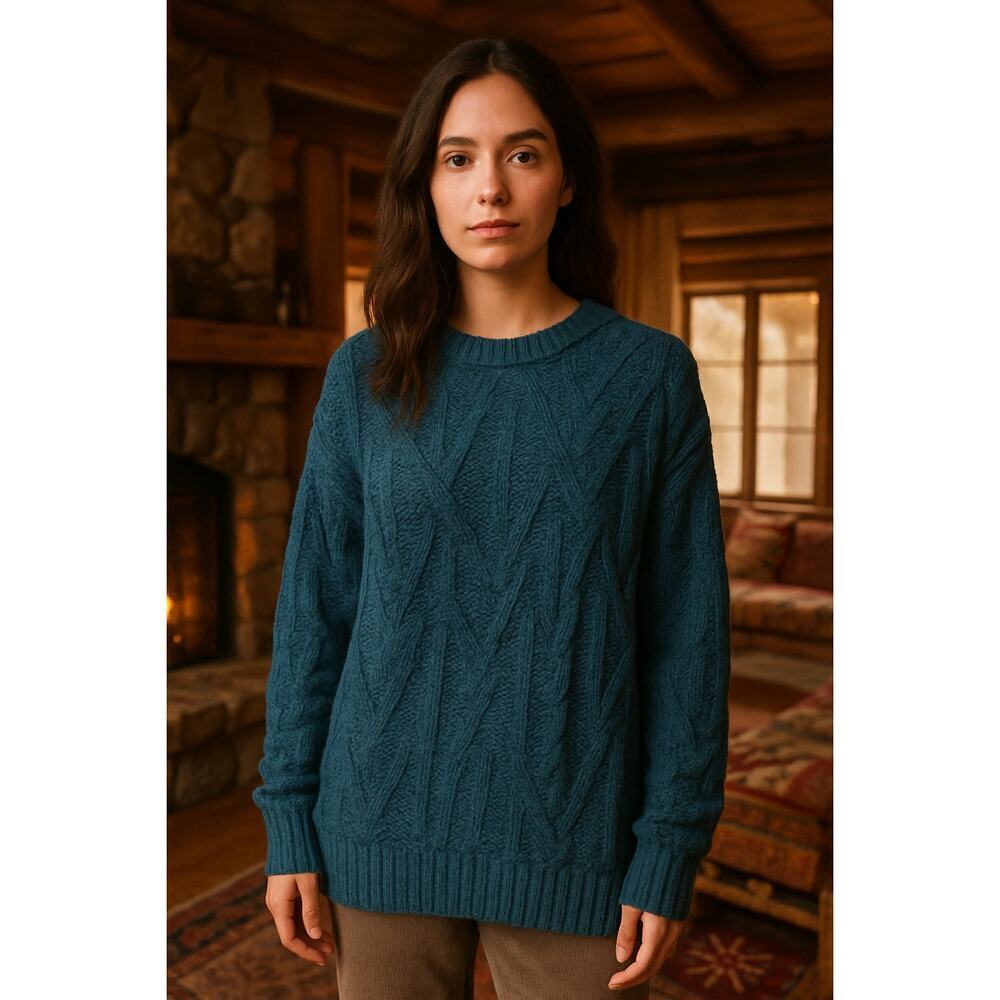 Free People Fisherman Cable Knit Sweater – Teal Blue – Women's M (Oversized Fit)